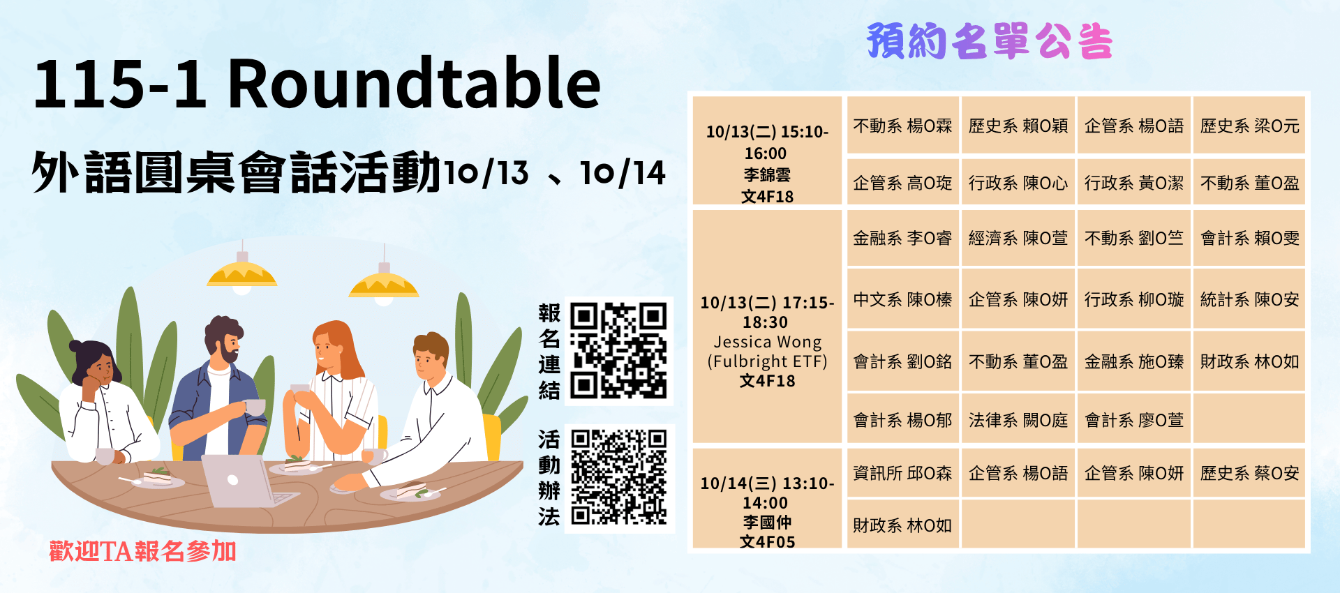 115-1 Roundtable 外語圓桌會話活動 10/13, 10/14 名單公告